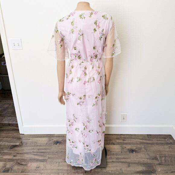 [Shein] Light Pink Floral Embroidered V-Neck Mesh Maxi Dress Wedding NEW Size XL - Picture 3 of 12